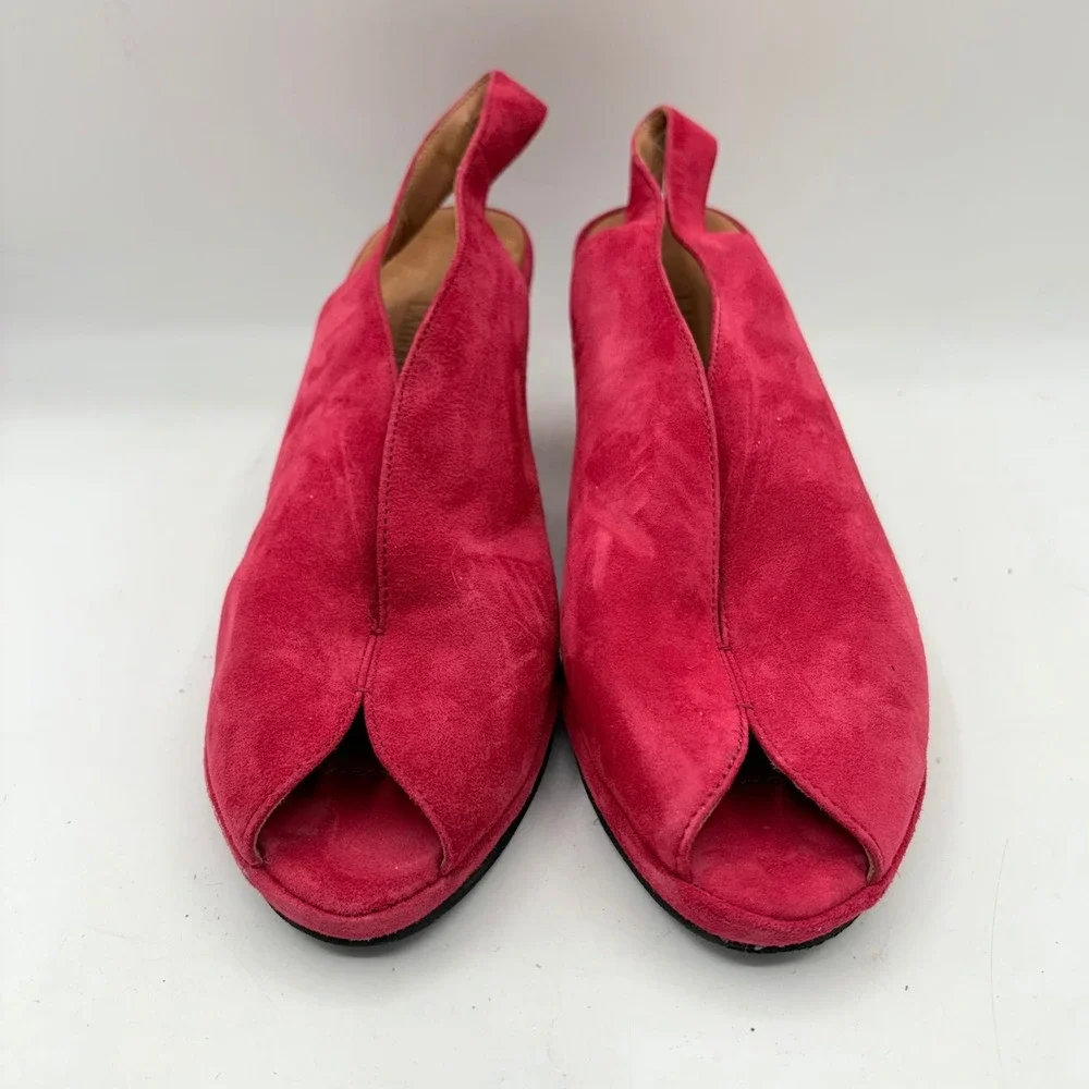 L'Amour Des Pieds Raspberry Pink Suede Wedge Sandals Peep Toe Slingback 8.5M‎